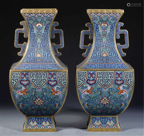 PAIR OF CHINESE CLOISONNE BAT AND FLOWER SQUARE VASES