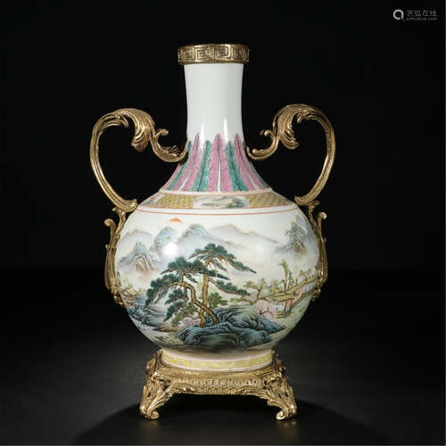 CHINESE METAL MOUNTED PORCELAIN FAMILLE ROSE MOUNTAIN VIEWS VASE