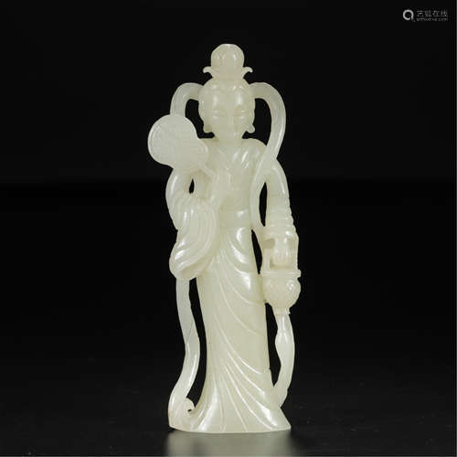 CHINESE YELLOW JADE STANDING BEAUTY WITH FAN