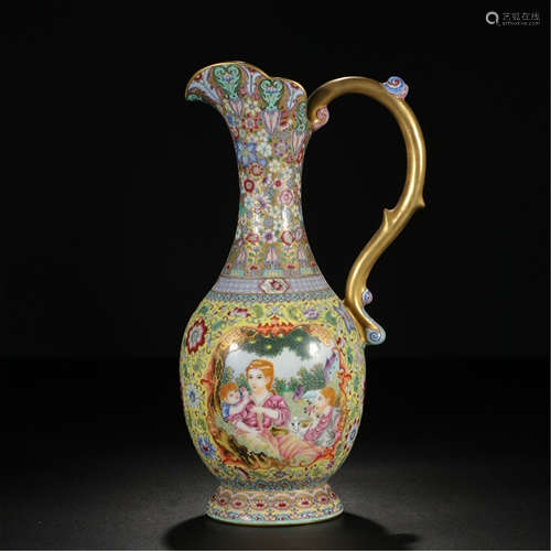 CHINESE PORCELAIN FAMILLE ROSE WESTERN BEAUTY HANDLED KETTLE