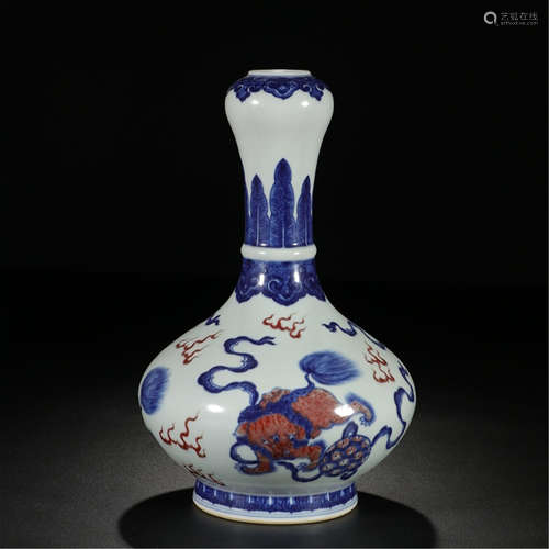 CHINESE PORCELAIN BLUE AND WHITE IRON RED BEAST VASE