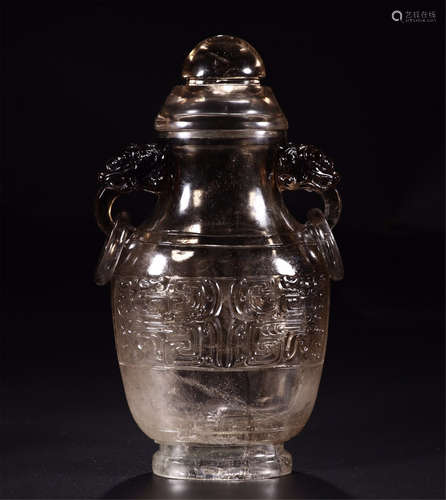 CHINESE TEA ROCK CRYSTAL BEAST LOOP HANDLE LIDDED VASE