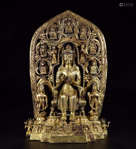 CHINESE GILT BRONZE STANDING BUDDHA ON NICHE