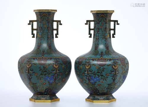 PAIR OF CHINESE CLOISONNE FLOWER HANDLED VASES