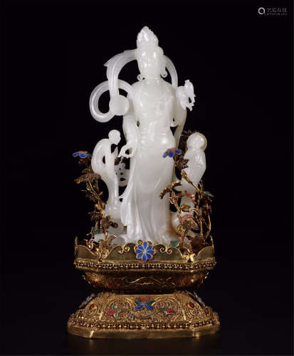 CHINESE WHITE JADE STANDING GUANYIN ON GILT SILVER ENAMEL STAND
