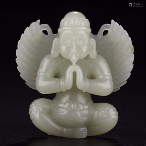 CHINESE CELAON JADE SEATED BUDDHIST GUARDIAN