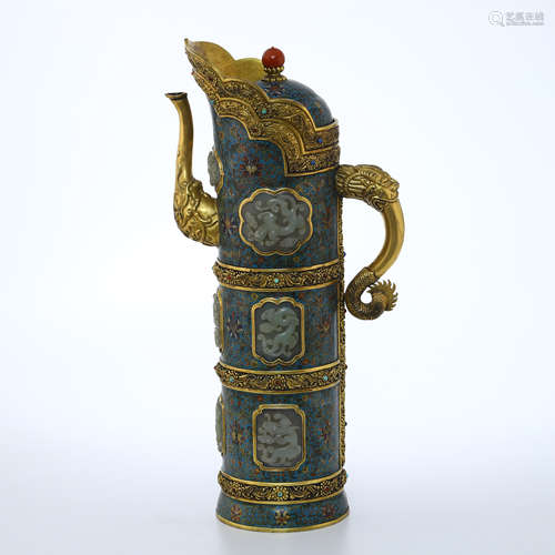 CHINESE JADE PLAQUE INLAID CLOISONNE HANDLE CYLINDERIAL KETTLE