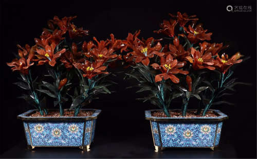 PAIR OF CHINESE RED AGATE SPINACH JADE BENSAI IN ENAMEL BASIN