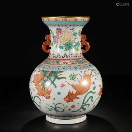 CHINESE PORCELAIN FAMILLE ROSE FISH ZUN VASE