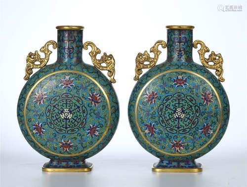 PAIR OF CHINESE CLOISONNE FLOWER MOONFLASK VASE