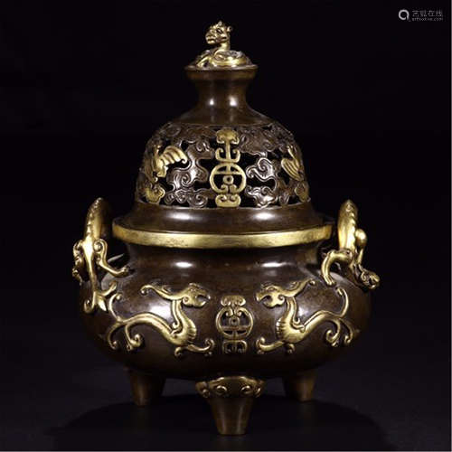 CHINESE GILT BRONZE DRAGON LIDDED ROUND TRIPLE FEET CENSER