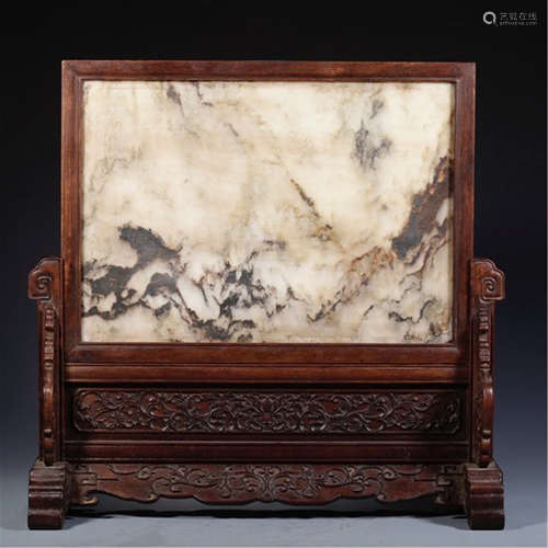 CHINESE MARBLE PLAQUE INLAID ROSEWOOD TABLE SCREEN