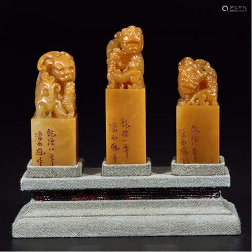 THREE CHINESE SOAPSTONE TIANHUANG BEAST SEALS