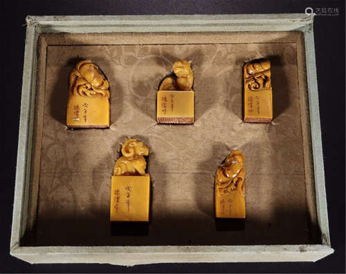 FIVE CHINESE SOAPSTONE TIANHUANG BEAST SEALS