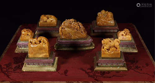 SEVEN CHINESE SOAPSTONE TIANHUANG BEAST SEALS