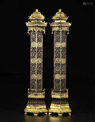 PAIR OF CHINESE GILT BRONZE PAVILION INCENSE CAGES