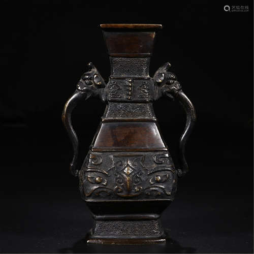 CHINESE BRONZE BEAST HANDLE SQUARE VASE