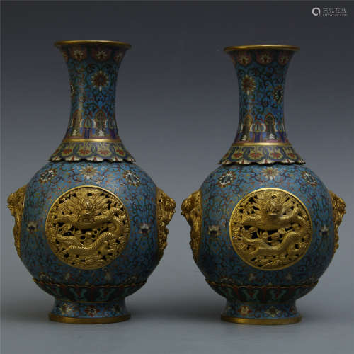 PAIR OF CHINESE CLOISONNE DRAGON VASES