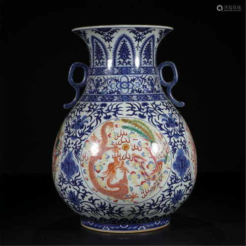 CHINESE PORCELAIN BLUE AND WHITE FAMILLE ROSE PHOENIX AND DRAGON ZUN VASE