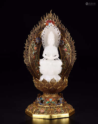 CHINESE WHITE JADE SEATED GUANYIN ON GILT SILVER ENAMEL STAND
