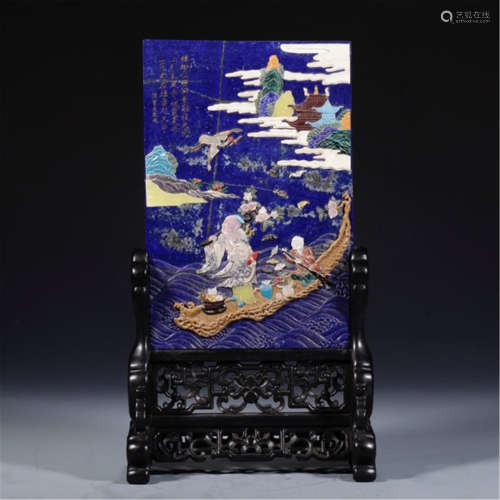 CHINESE GEM STONE INLAID LAPIS PLAQUE OF MAN ON BOAT ROSEWOOD TABLE SCREEN