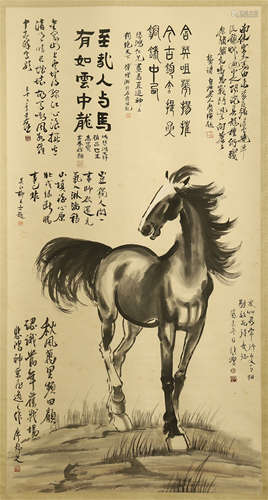 CHINESE SCROLL PAINTING OF HORSE WITH CALLIGRAPHY