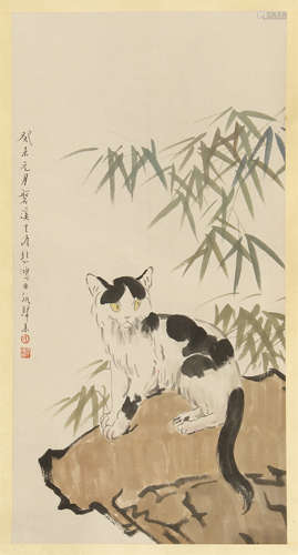 CHINESE SCROLL PAINTING OF CAT ON ROCK