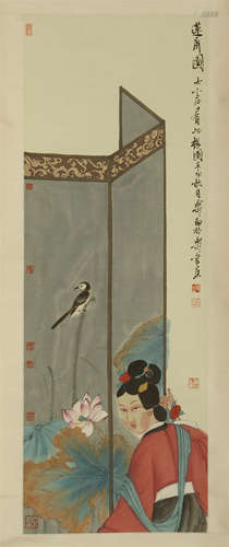 CHINESE SCROLL PAINTING OF BEAUTY BEHIND SCREEN