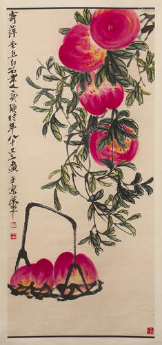 CHINESE SCROLL PAINTING OF PEACH IN BASKET