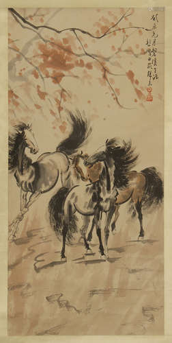 CHINESE SCROLL PAINTING OF HORSE UNDER TREE