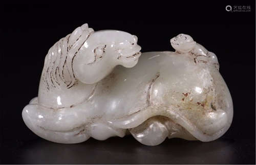 CHINESE WHITE JADE HORSE AND MONKEY TABLE ITEM