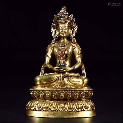 CHINESE GEM STONE INLAID SEATED GUANYIN ON LOTUS STAND