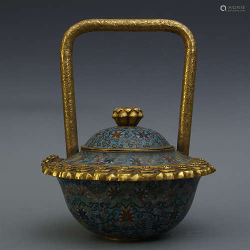 CHINESE CLOISONNE FLOWER LIDDED LONG GILT BRONZE HANDLE CENSER