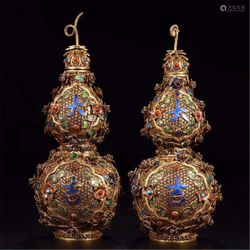 PAIR OF CHINESE GEM STONE INLAID GILT SILVER ENAMEL GOURD VASES