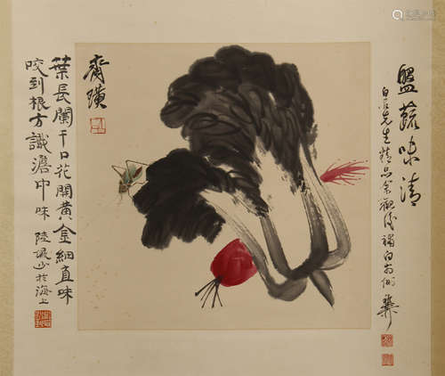 CHINESE SCROLL PAINTING OF CABBAGE AND RADDISH WITH CALLIGRAPHY