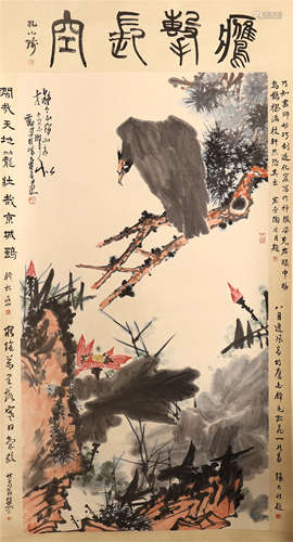 CHINESE SCROLL PAINTING OF EAGLE ON PINE WITH CALLIGRAPHY