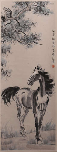 CHINESE SCROLL PAINTING OF HORSE UNDER TREE