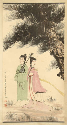 CHINESE SCROLL PAINTING OF BEAUTY UNDER PINE