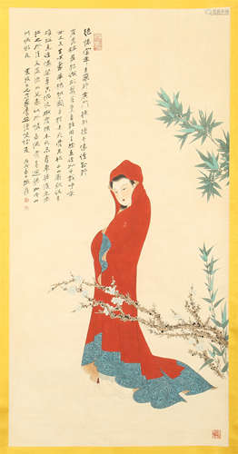 CHINESE SCROLL PAINTING OF BEAUTY IN GARDEN WITH CALLIGRAPHY