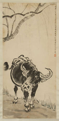 CHINESE SCROLL PAINTING OF OX UNDER WILLOW