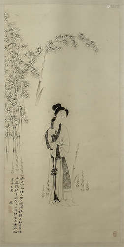 CHINESE SCROLL PAINTING OF BEAUTY UNDER BAMBOO