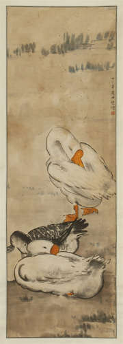 CHINESE SCROLL PAINTING OF GOOSE BY RIVER