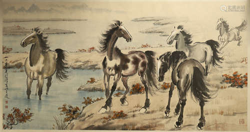 CHINESE SCROLL PAINTING OF HORSE BY RIVER