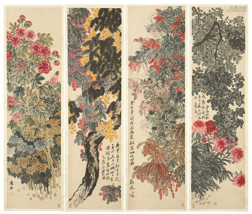 FOUR PANELS OF CHINESE SCROLL PAINTING OF FLOWER