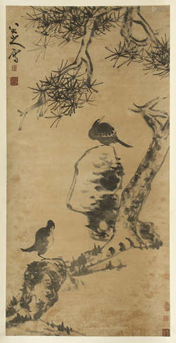 CHINESE SCROLL PAINTING OF BIRD ON ROCK AND PINE