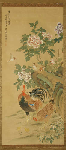 CHINESE SCROLL PAINTING OF ROOSTER AND FLOWER