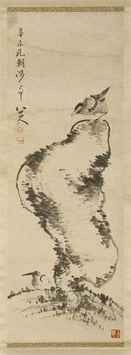 CHINESE SCROLL PAINTING OF BIRD ON ROCK