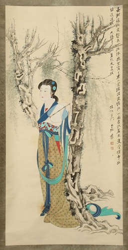 CHINESE SCROLL PAINTING OF BEAUTY IN WOOD