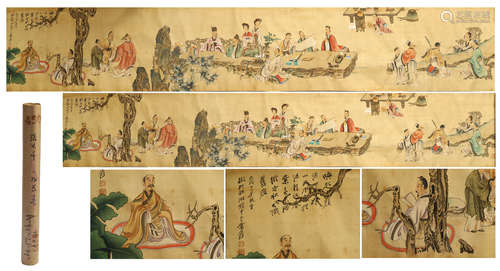 CHINESE HAND SCROLL PAINTING OF MEN GATHERING IN GARDEN