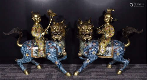 PAIR OF CHINESE CLOISONNE BOY ON FOO DOG TABLE ITEMS